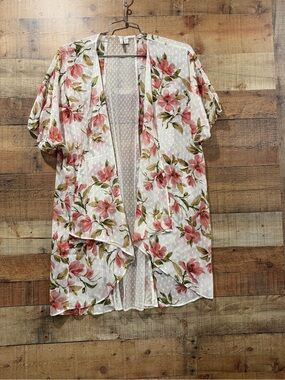 Cato Sheer Floral Open Kimono Cardigan in Pink, Green & White Size Large